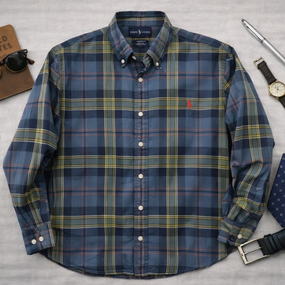 Ralph Lauren Blue Yellow Red Plaid L Sleeve Cotton Shirt. Mens Size Medium